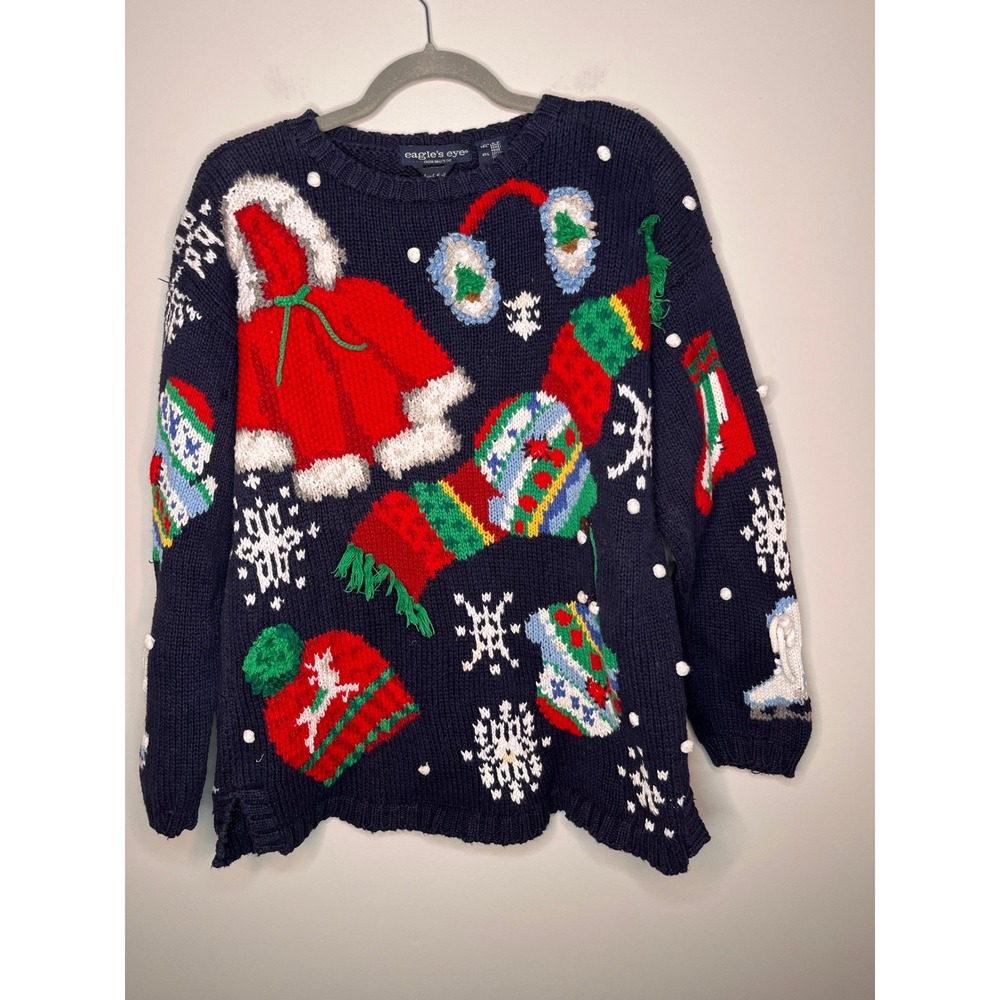 1990s Eagle's Eye Winter Christmas Snowman 3D Ice Skating Novelty Sweater S